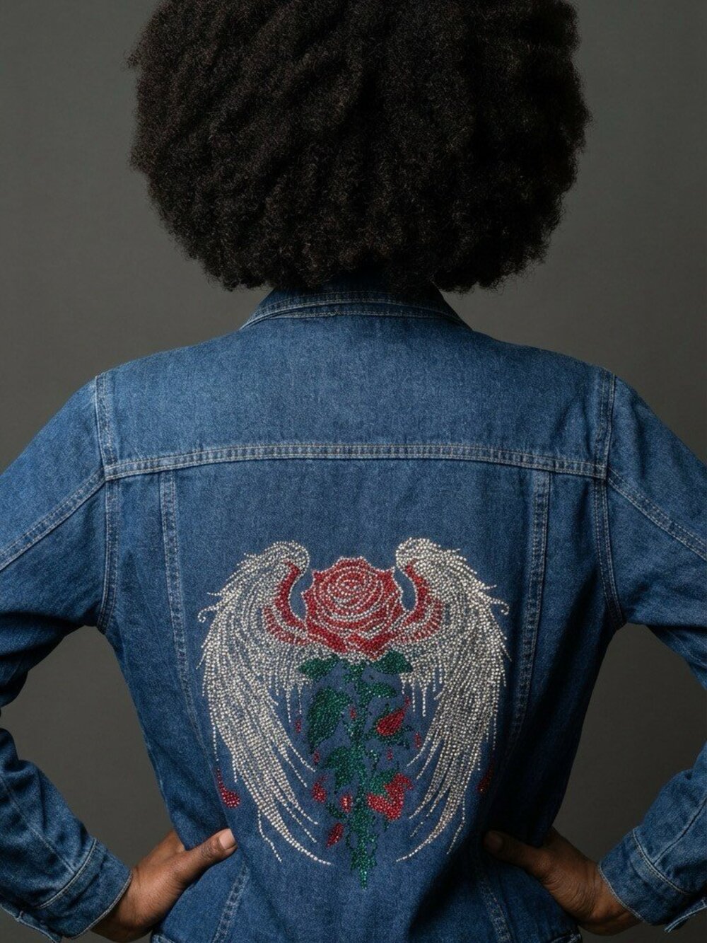 Angel Wings & Rose Rhinestone Embellished Denim Jacket
